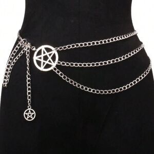 HALLOWEEN SALE Silver Goth Vintage Pentagram Layered Chain Belt